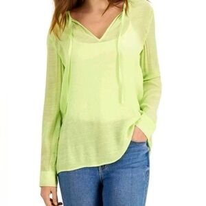 nwt PALETTE size Large Tie String Neck Button Back Sheer Gauze Top Spring‎ Lime
